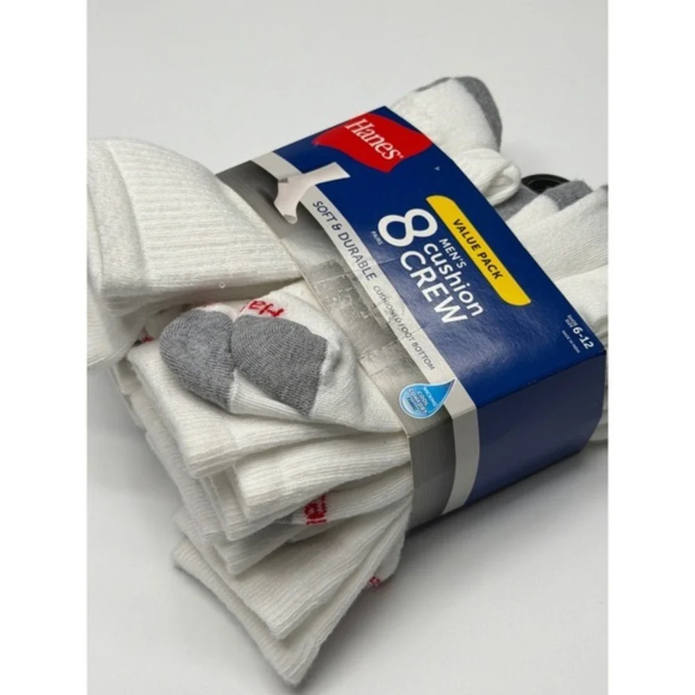 Hanes Mens 8 Pack Cushion Crew‎ Socks White Grey Size 6-12 Soft Durable